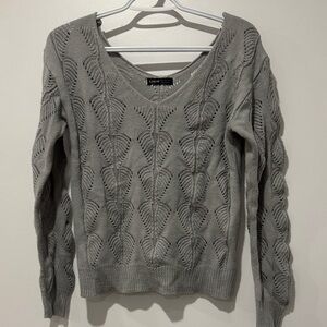 Gray V-Neck Sweater with Leaf Design
